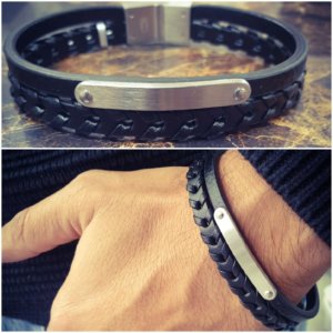2 Strand Leather Bracelet for Men with Small Plate